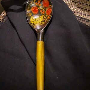 Vintage Hand-Painted Wooden Serving Spoon in Yellow with Floral Design